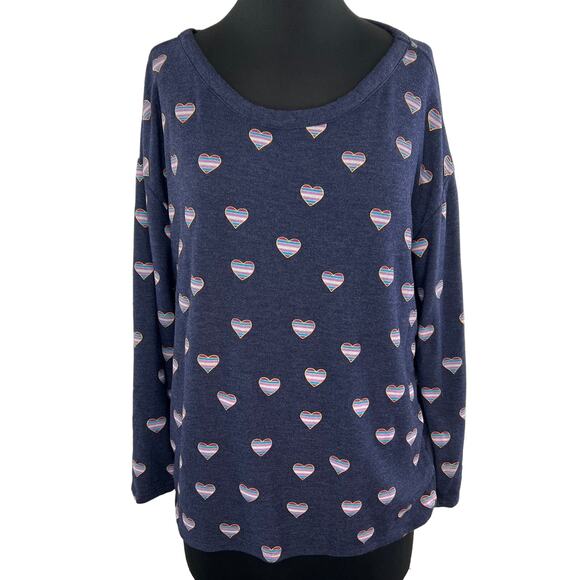 CHASER Blue Heart Print Scoop Neck Long Sleeve Pullover Women's Sweater Size M - Picture 1 of 8